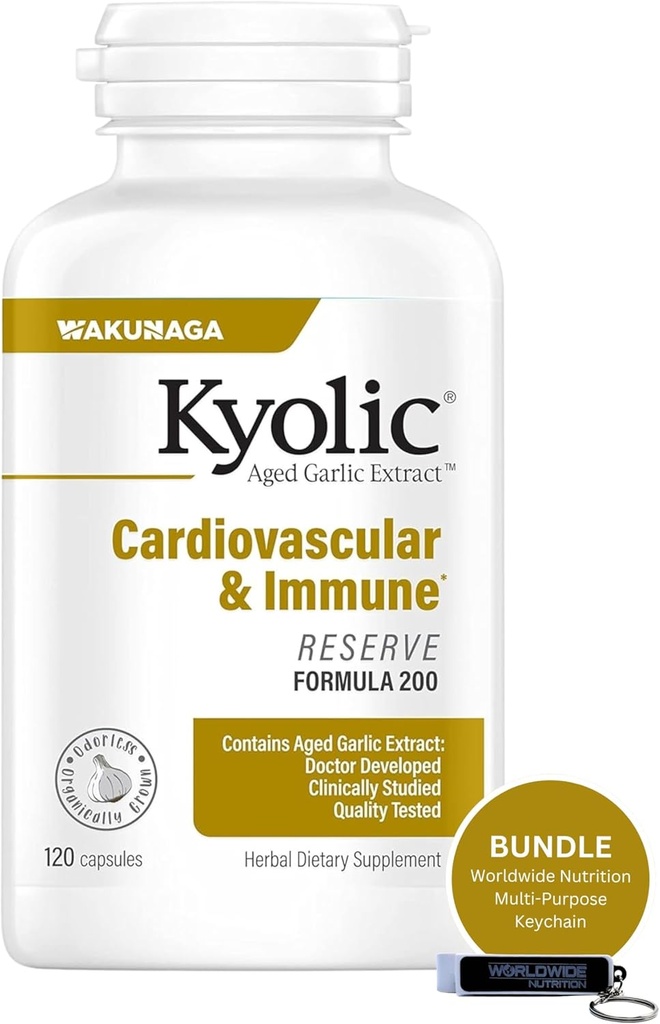 Worldwide Nutrition Bundle Kompatibel med Kyolic Aged Garlic Extract, Cardiovascular & Immune - Reserve Formel 200, Kyolc Aged Garlic Extract Capsules 120 Count och Multi-Purpose Key Chain