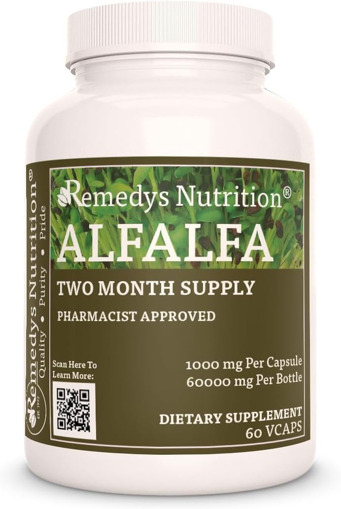 Remedys Nutrition Alfalfa - 1000 mg, 60 Vegan Capsules Herbal Dietary Supplement - två månaders leverans