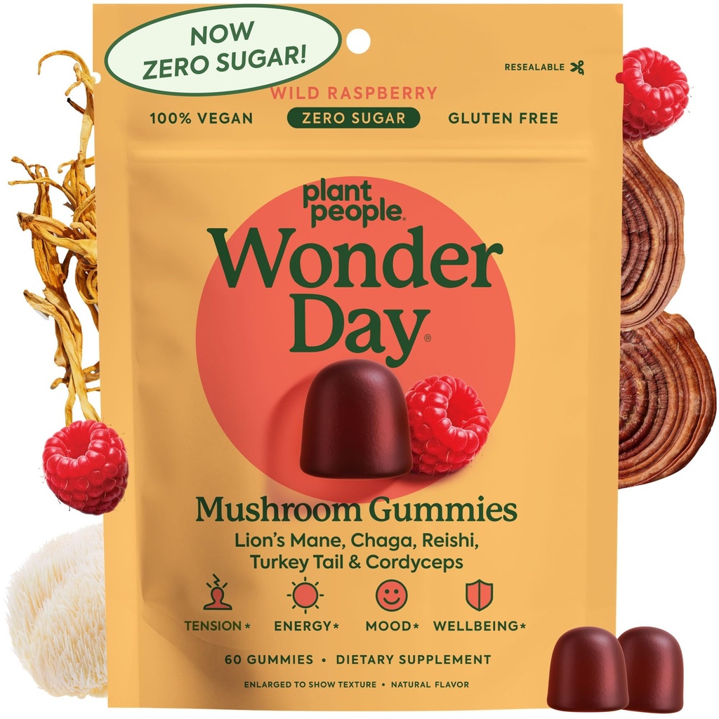 Plant People WonderDay Mushroom Gummies - Lion's Mane, Cordyceps, Chaga Mushroom Supplement för att stödja Immune System De-Stress Boost Mood & Energy i vuxna Natural, Vegan, Non-GMO (60 Count)