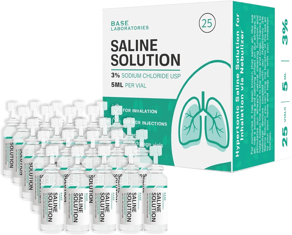 BASE LABORATORIES 3% Saline Lösning för Nebulizer Machine | Saline Lösning för Inhalation & Nasal Irrigation | Hög 3% Koncentration l 25 Vials 5ml Unit Dose