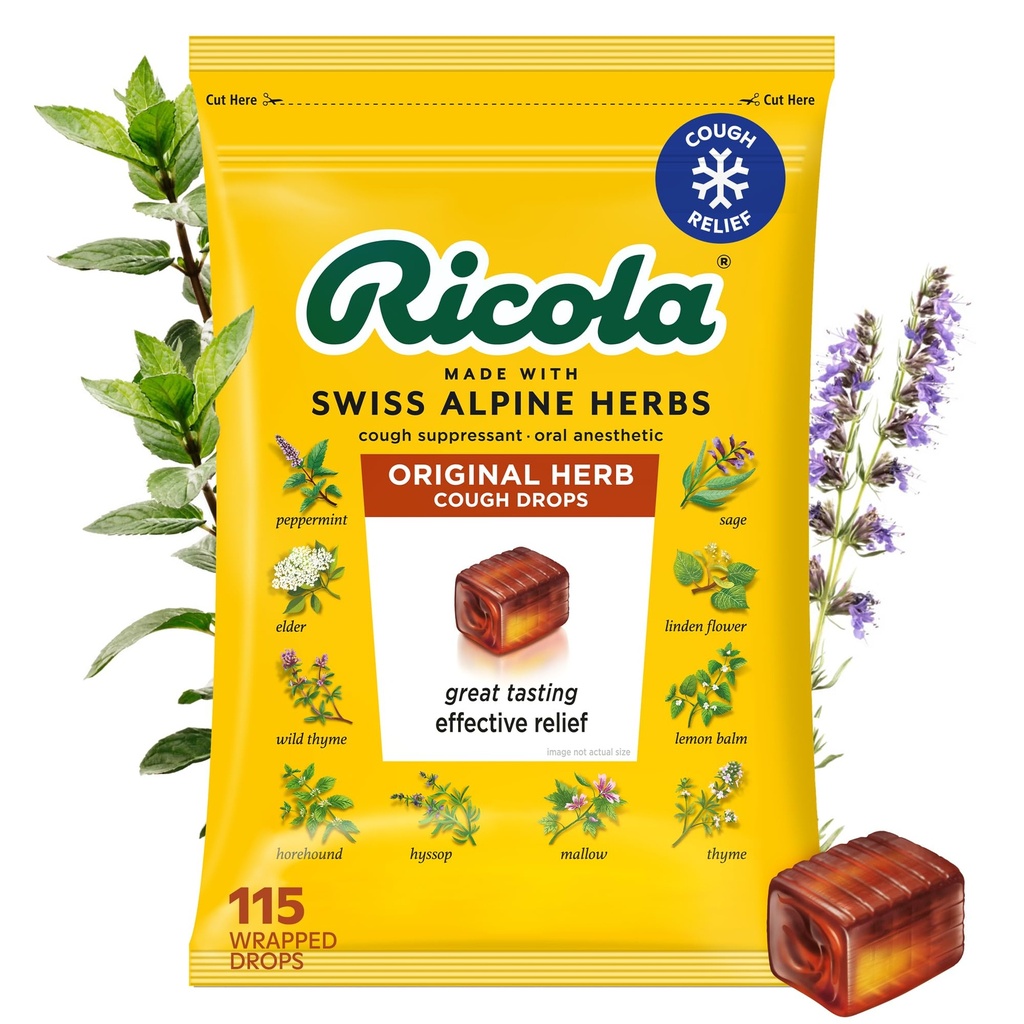 Ricola Original Herb Cough Drops, 115 Count, Cough Suppressant & Throat Relieving Drops med naturligt källad Menthol, Pleasing Herbal Taste för hosta & Throat Irritation Symptom Relief