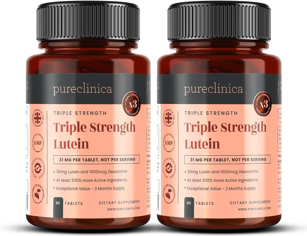 pureclinica Lutein 30mg x 180 Tablets (2 Bottles with 90 Tablets in Each). with 1000mcg Zeaxanthin. 3 x The Strength of Regular Lutein Tablets