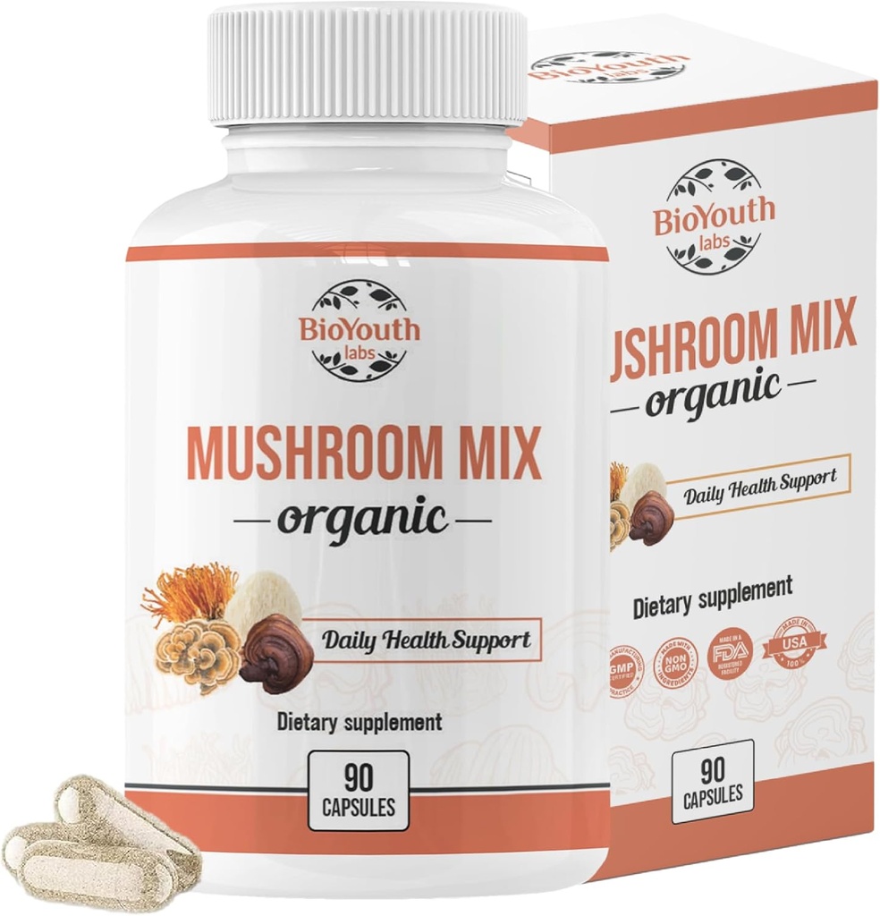Organic Mixed Mushroom Capsules Natural Supplement | Cordyceps Sinensis, Reishi, Lion's Mane, Turkey Tail | Immune Support, Vitality Boost, Non-GMO & Allergen-Free | 90 kapslar