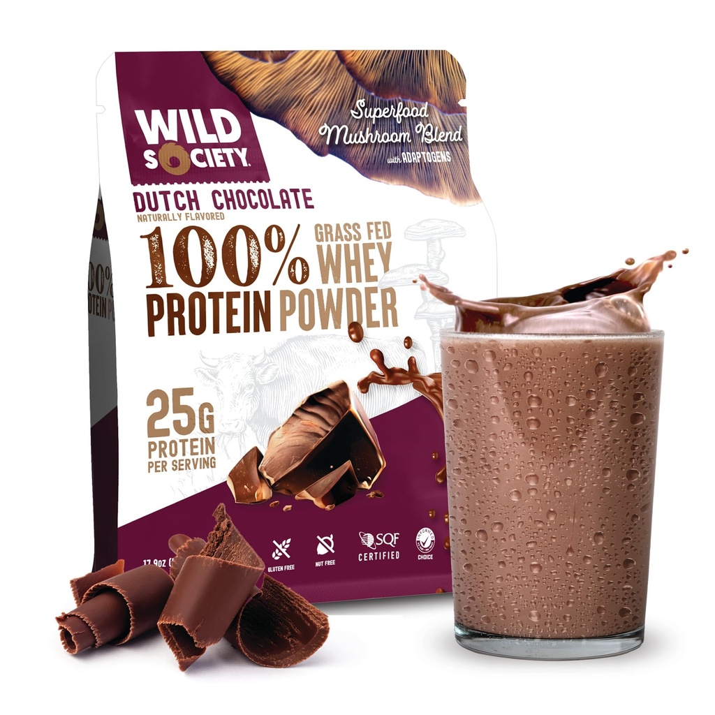 WILD SOCIETY - Premium 100% Grass Fed Whey Protein Powder + Superfood Mushrooms & Adaptogens - 25g Protein, Clean Protein Powder, 0 Added Sugar, Non GMO, Gluten Free - Dutch Chocolate - 17,9 oz