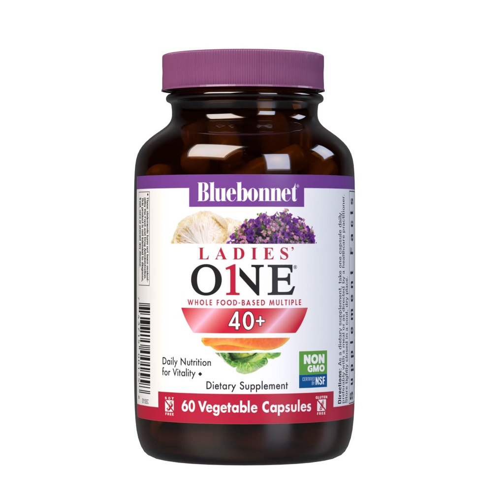 Bluebonnet Nutrition Ladies' ONE 40+ Whole Food-Bed Multiple, Women Multivitamin för kvinnor 40+, Soy-Free, Non-GMO, Gluten Free, 60 Vegetable Capsules, 60 Servings