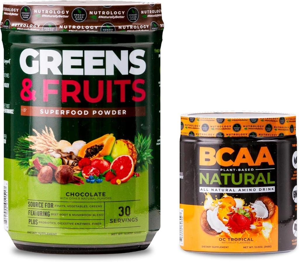 Nutrology Greens & Fruits Powder-Naturally Sourced Superfood, Chocolate (30 Servings) BCAA Natural, Plant Based BCAA Powder, Orange Coconut Flavor (30 Servings)
