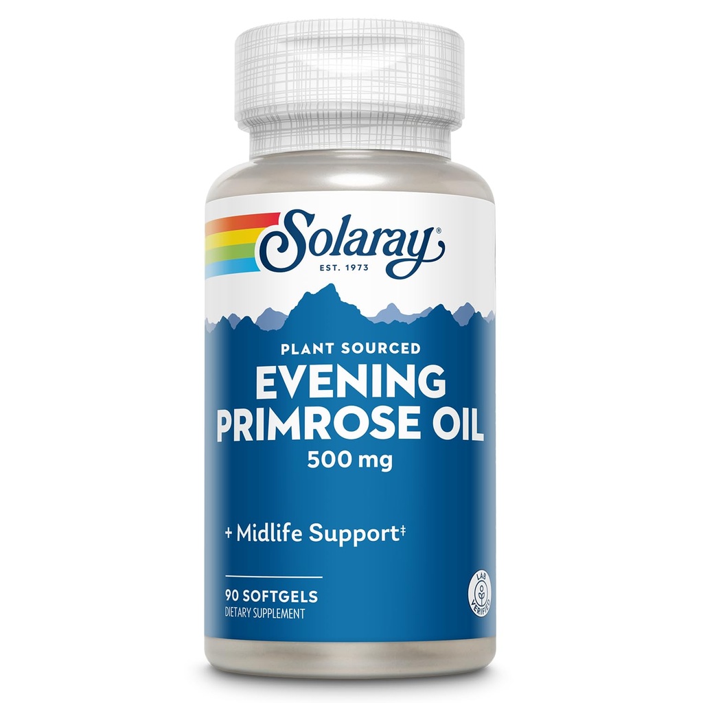 SOLARAY High Potency Evening Primrose Oil 500mg - Midlife Support - Källa av Gamma Linolenic Acid och Linoleic Acid - Inga lösningsmedel, Cold Pressed - 90 portioner, 90 Softgels