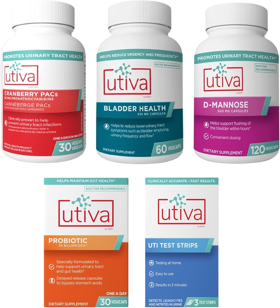 15% Bundle Utiva Cranberry PACs 30 Vegi Capsules + Utiva Bladder Hälsa 60 kapslar + Utiva D-Mannose 500mg 120 kapslar + Utiva Probiotic 30 försenad frisättning Vegi Capsules + Utiva UTI Test Strips