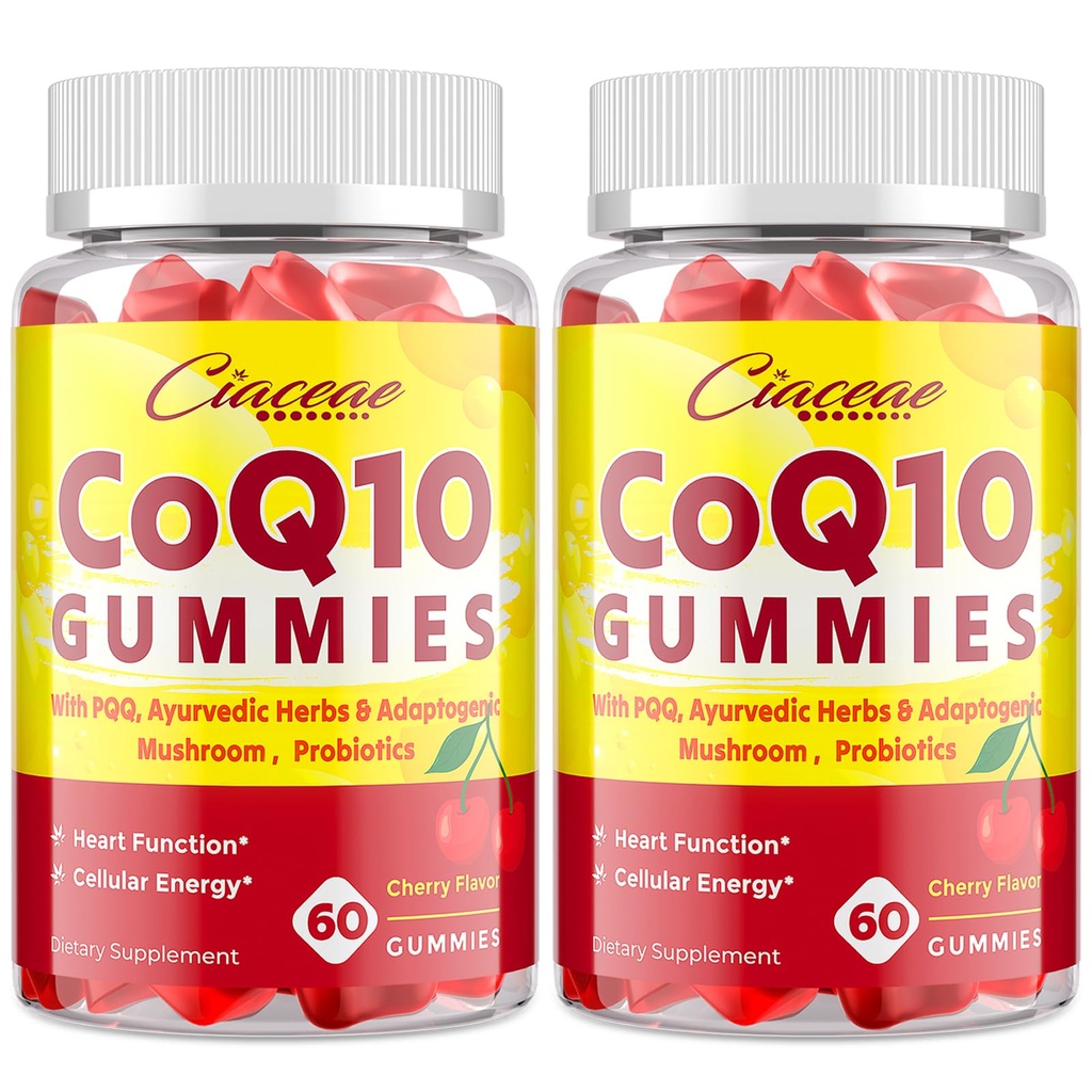 CoQ10 Gummies med PQQ - 400 MG Coenzyme Q10 High Potency, förbättrad med ayurvediska örter, Adaptogenic Mushroom Blend & Probiotika för hjärta, hjärna, energi, immunitet, Cherry Flavor, 120 Vegan Gummies
