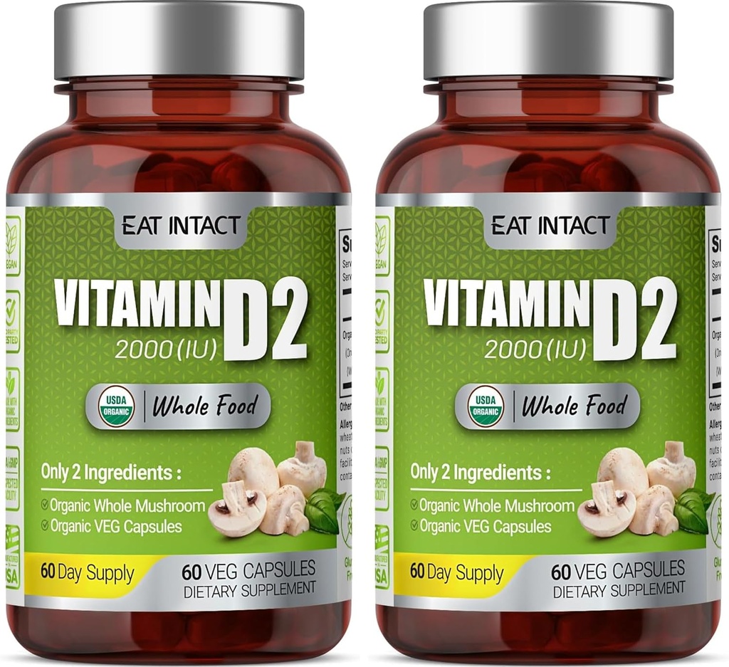 Organic Vegan Whole Food Vitamin D2 (2 Pack), 2000 IE (50 mcg), två ingredienser (Organic Whole Mushroom Organic Veganic Capsule), Non-GMO, 120 Days Supply