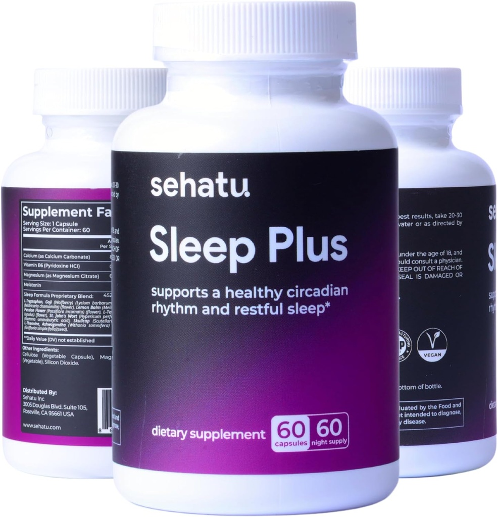 Sleep Plus Supplement | med Melatonin, GABA, Ashwagandha, 5-HTP | för män och kvinnor som söker en hälsosam Sleep-Wake Schedule och ett avslappnat humör | 60 Count | 60 Day Supply