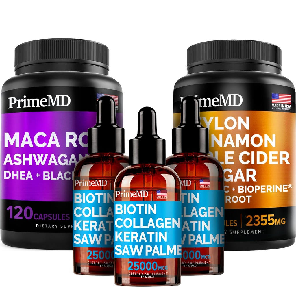 5-i-1 Ceylon Cinnamon (120ct), 4-i-1 Biotin Collagen Keratin Saw Palmetto (2 fl oz - 3 Pack) & 6-i-1 Maca Root Ashwagandha (120ct) Bundle - Energi, humör, hår, hud och immun Support Supplement