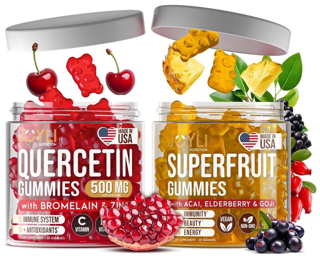 Joyli Quercetin & Superfruit Gummies Bundle - Immun & Antioxidant Support - Vegan Multivitamin Formel med vitamin A, C, D, E, Zink, Goji & Elderberry - 2 Pack för vuxna