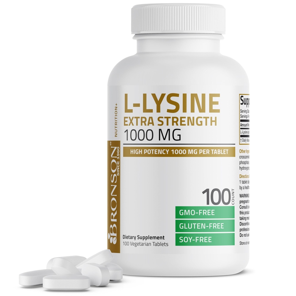 Bronson L-Lysine Extra Strength 1000 MG per Tablet High Potency, Immune Support & Supports Collagen Synthesis, Non-GMO, 100 Vegetariska tabletter