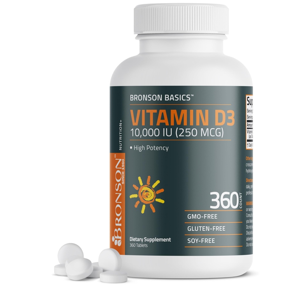 Bronson Vitamin D3 10.000iu (250mcg) 1 års leverans för hälsosam muskelfunktion och immunstöd, icke-GMO, 360 tabletter