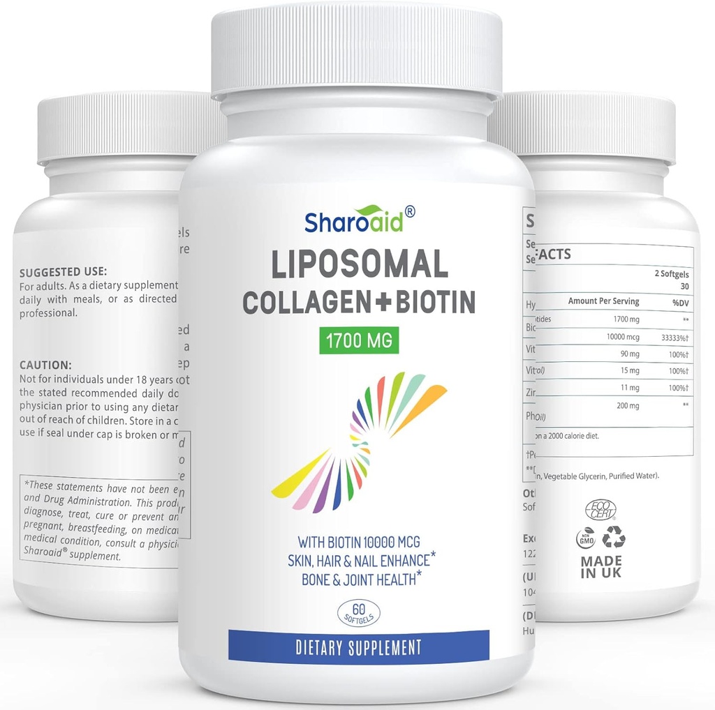 Liposomal Hydrolyzed Collagen Peptides 1700mg and Biotin 10000mcg Supplements for Women,Men,High Absorption,Vitamin E,C and Zinc Capsules for Skin,Hair Growth,Joint and Nails,60 Softgels