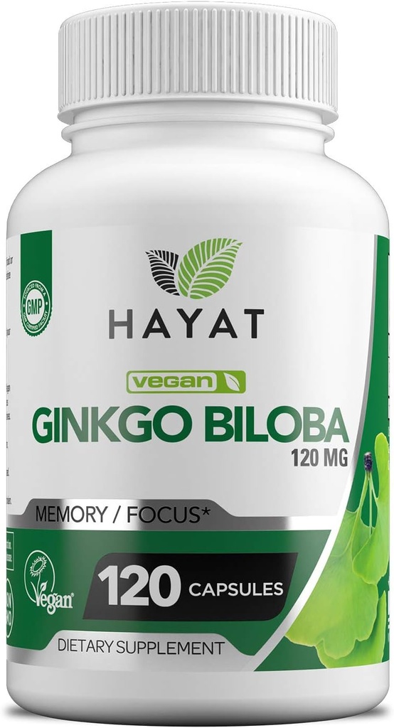 HAYAT Vitamins Vegan Ginkgo Biloba - Extra Styrka 500 MG per portion, Stöder Brain Function & Memory Support, Certified Halal, 120 kapslar, Made in the USA