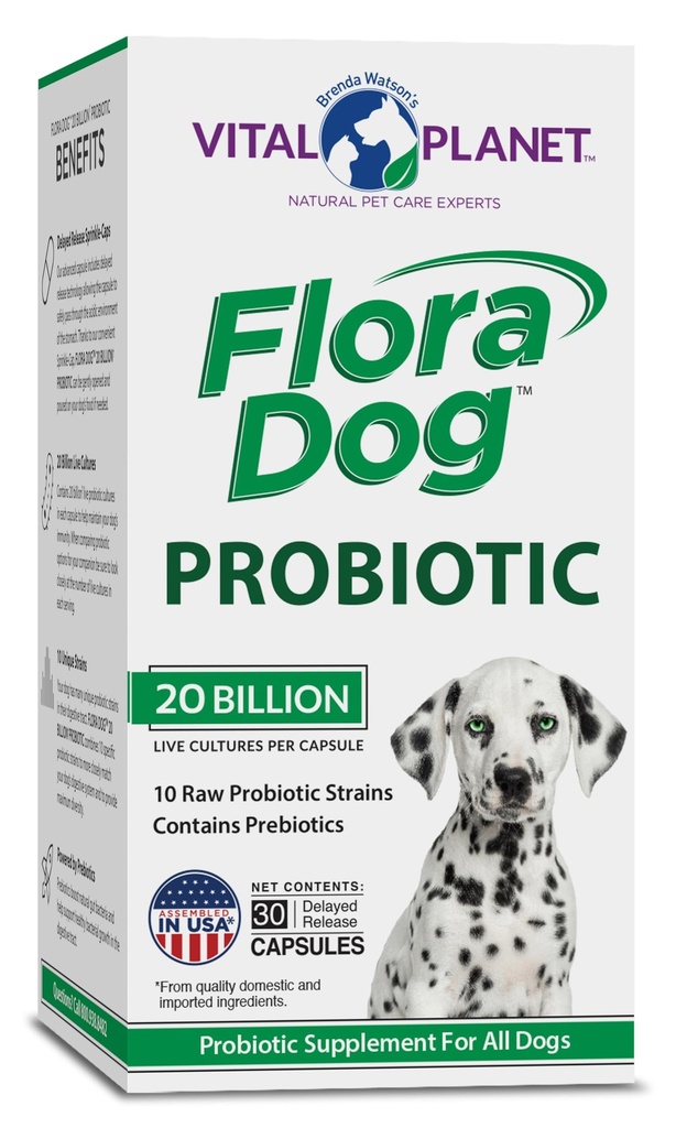 Vital Planet - Flora Dog Probiotic Capsules Supplement med 20 miljarder kulturer och 10 stammar, High Potency Immune och Digestive Support Probiotics for Dogs, 30 Delayed Release Capsules