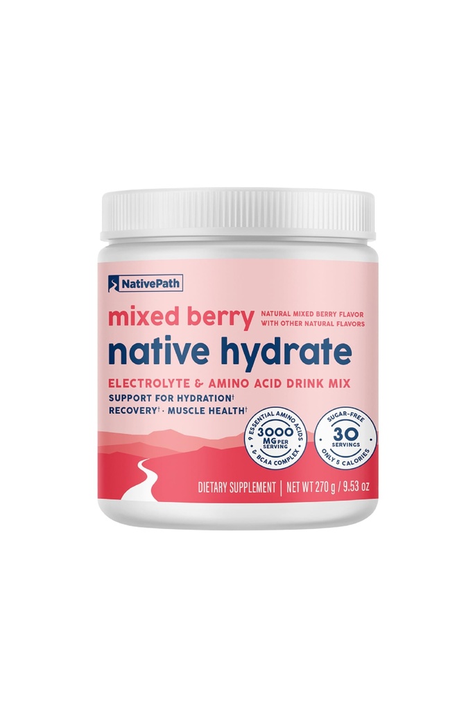 NativePath Hydrate, Zero Sugar, Electrolytes Powder with BCAAs, Mixed Berry Hydration, Keto & Paleo Friendly, 30 Servings
