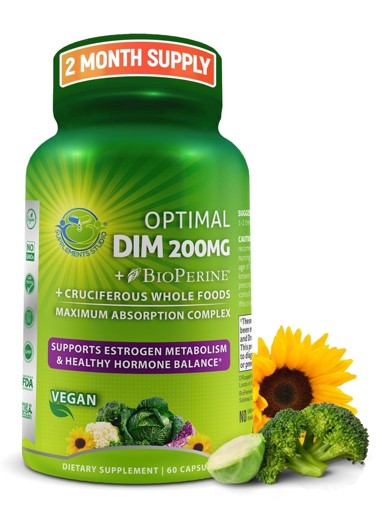 Optimal DIM 200mg Supplement for Women and Men - Made with Organic Whole Foods - Estrogen & Hormone Balance Support Diindolylmethane Complex - Maximum Absorption Delayed-Release Capsules - 60 Count