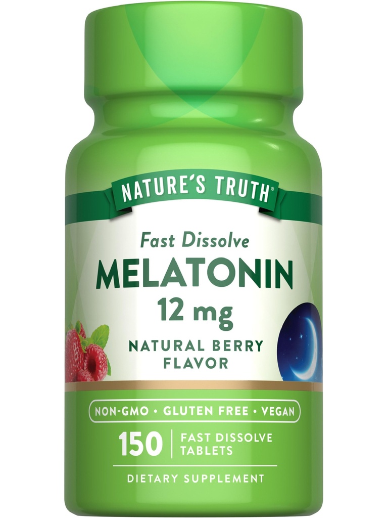 Naturens Sanning Melatonin 12 mg | 150 tabletter | Snabbupplösning | Naturlig Berry smak | Vegan, icke-GMO & Gluten fri tillägg för vuxna