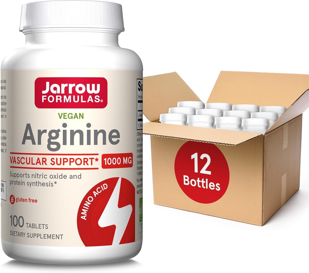 Jarrow Formulas Arginine 1000 mg, Dietary Supplement, Stöder Nitric Oxide Production, Stöder Protein Synthesis, 100 tabletter, Upp till 100 Day Supply (Pack av 12)