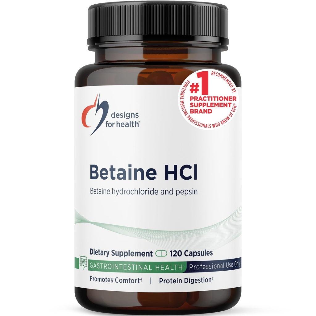 Designs for Health Betaine HCl med Pepsin - 750mg Betaine Hydrochloride + Protein Digestive Enzyme - Non-GMO Supplement för att stödja Digestive Function (120 kapslar)