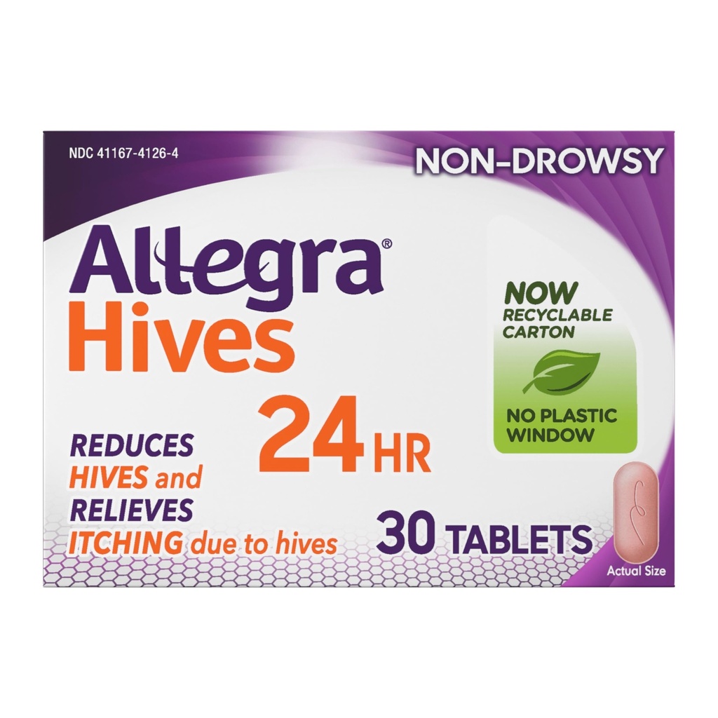 Allegra Hives Antihistamin 24-timmars tabletter, Non-Drowsy Hive Reduction och Hive Itch Relief, 180 mg Fexofenadine HCI, 30-Count