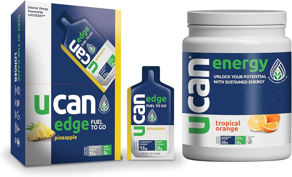 UCAN Pineapple Edge Energy Gel & Orange Energy Powder - Bra för körning, träning, fitness, cykling, Crossfit & More | Sugar-Free, Vegan och Keto Friendly Energy Supplement