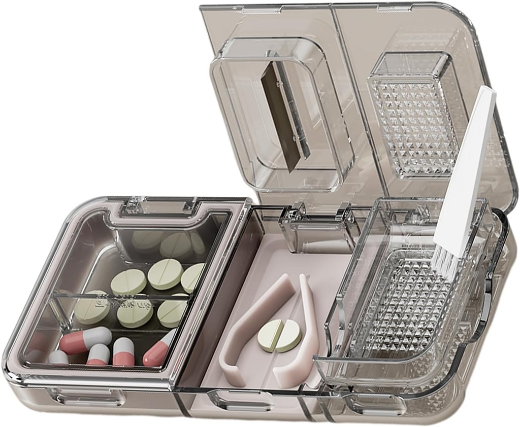 CFMOUR 3-i-1 Pill Cutter Splitter för små eller små stora piller, Crusher Grinder med Powder Brush Grind tabletter, Pill Carrier för lagringspiller, Mills för äldre, barn & husdjur, svart