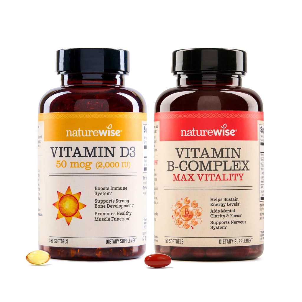 NatureWise Vitamin D3 2000iu 360 Count och vitamin B Complex 150 Softgels - Hälsosam muskelfunktion, immunstöd, cellulär energi, mental klarhet