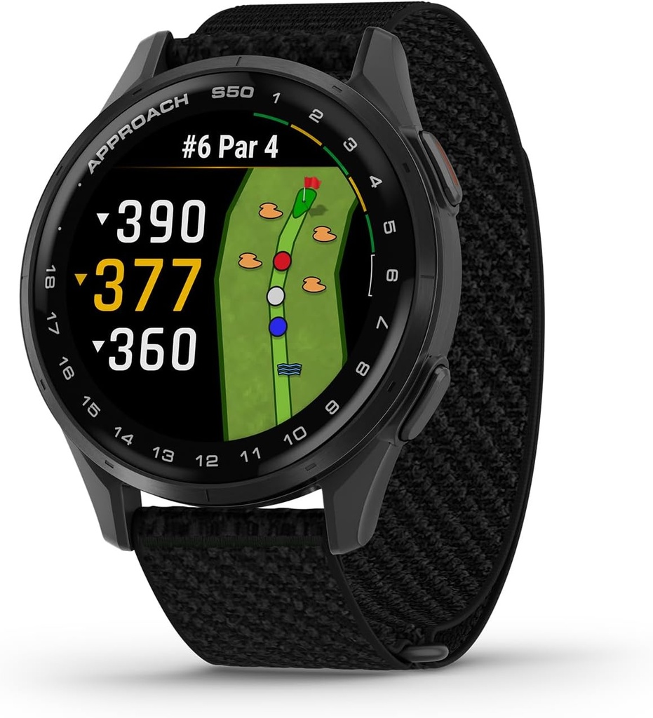 Garmin Approach® S50, Advanced Golf GPS Smartwatch, AMOLED Display, On-Course-funktioner, Wrist-Based Heart Rate, Slate Aluminum Bezel med Black ComfortFit Nylon Band