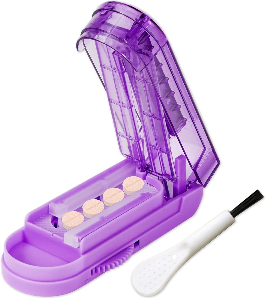 JohnBee Pill Cutter Splitter för små och små piller. Justerbara piller splitter skär exakt flera piller på en gång. Sharp Blade med säkerhetsbevakning. Non-Slip Silicone Edge (Dark Purple)
