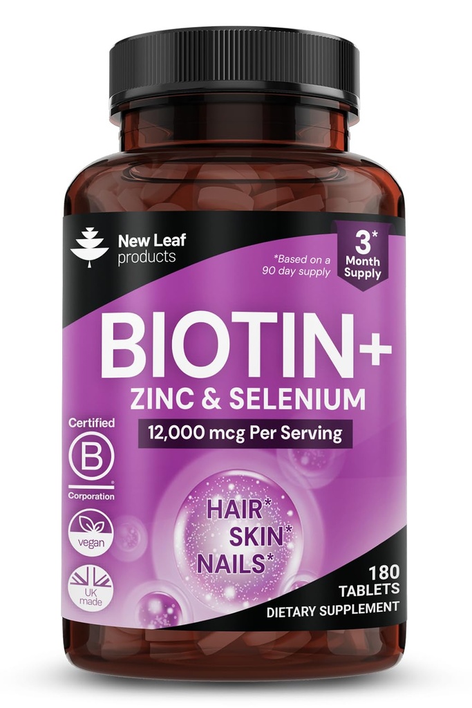 Biotin Hair Growth Vitamins 12000mcg High Strength med kokosolja - Främjar hälsosam hår hud och naglar - Biotin Vitaminer för kvinnor och män Vegan, Gluten fria tillskott - Gjord i Storbritannien av New Leaf