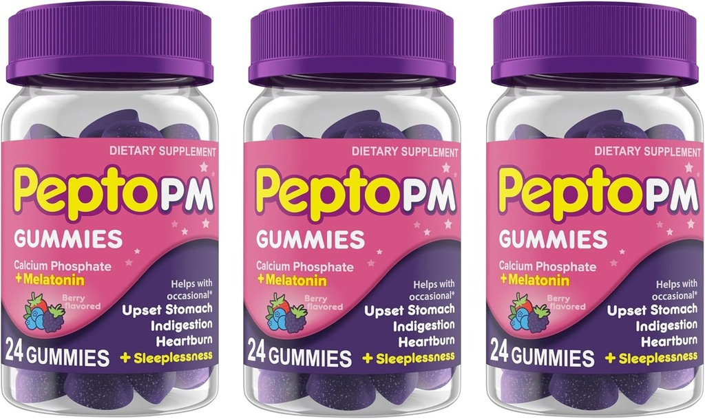 Pepto PM Gummies med Melatonin för sömnstöd, snabb och effektiv Digestive Relief från Heartburn, Indigestion, Upset Stomach och Sleeplessness - Berry Flavor, 24 Ct (Pack of 3)