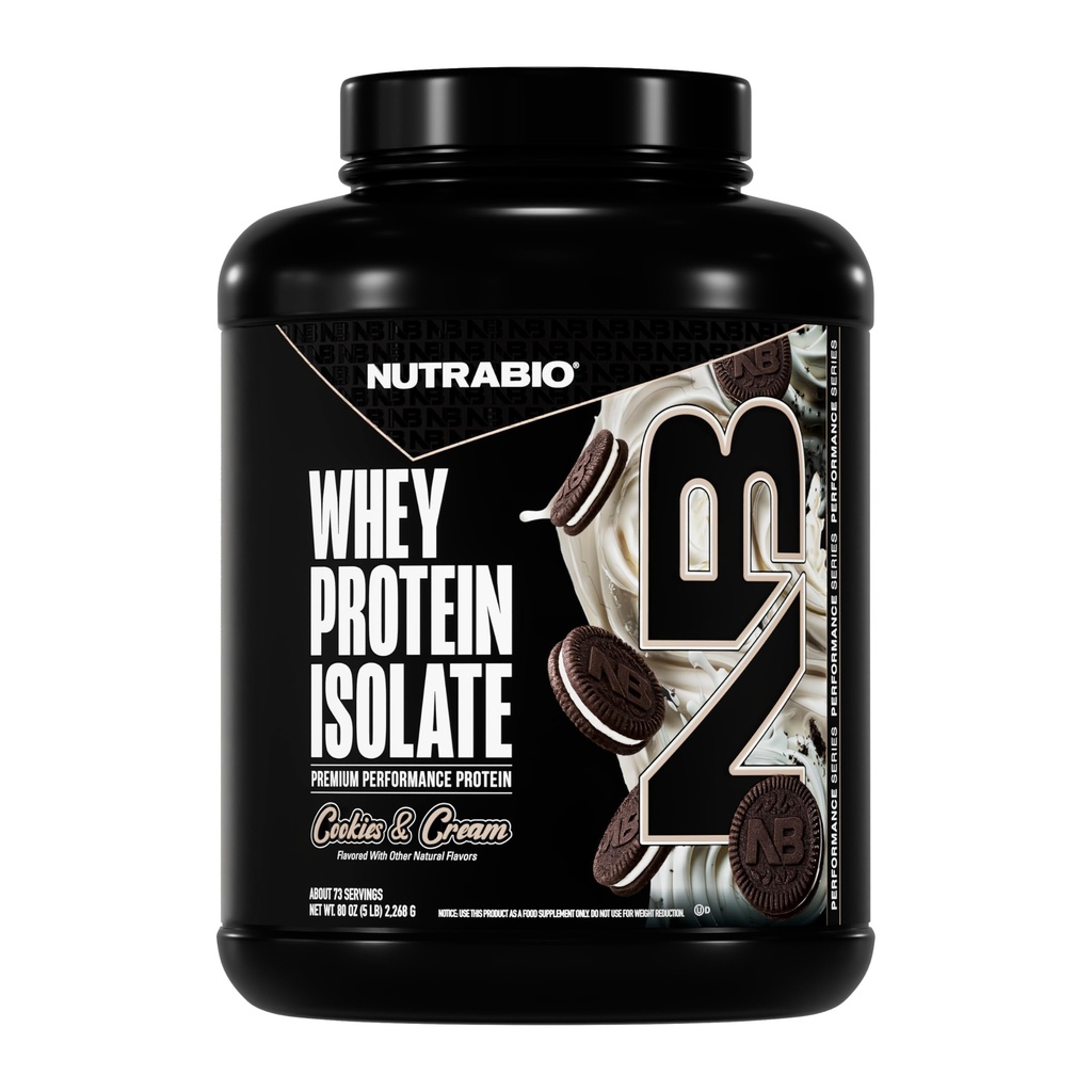 NutraBio 100% Whey Protein Isolate Protein Powder, 25g Protein med komplett Amino Acid Profile, Soja och Gluten Free, Low Carb och Low Calorie Whey Protein Powder, Cookies & Cream, 5 Lbs.