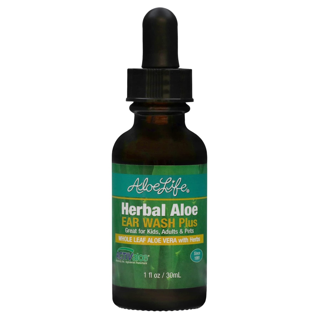 Aloe Life - Herbal Aloe Ear Wash Plus, ger lugnande lättnad för öronirritationer, simmare öra, obehag och äckliga öron, hela blad Aloe Vera med örter, säker för djur, inkluderar Dropper (1 oz)