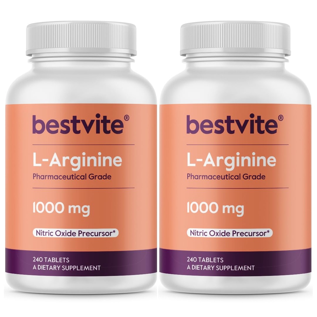 BESTVITE L-Arginine 1000mg per tablett (480 tabletter) (240 x 2) - Läkemedelsgrad - Innehåller 20% mer ren Arginin jämfört med Arginin HCl - Nitric Oxide Precursor