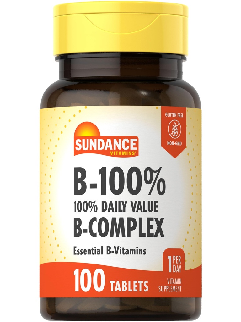 Sundance Vitamin B-Complex 100% dagligt värde | 100 tabletter | Vegetarisk, icke-GMO och Gluten fri tillägg