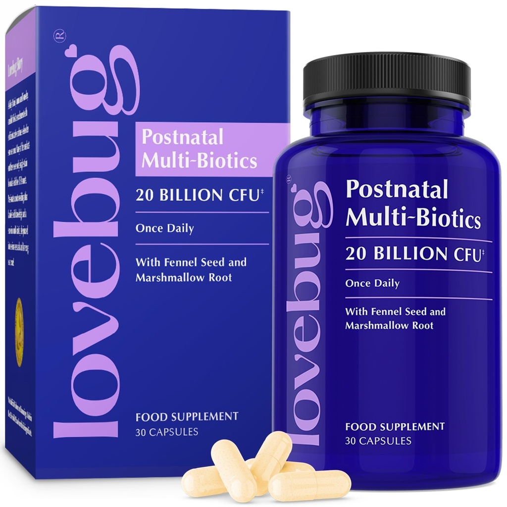Lovebug Postnatal Probiotics - 20 miljarder CFUs Multi Strain för amning - med Fenugreek, Milk Thistle & Fennel, Stöder bröstmjölk & Gut Health, Postpartum Essentials, 30 kapslar