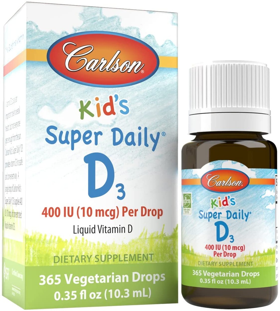 Carlson - Kid's Super Daily D3, Vitamin D Drops for Kids, 400 IE per droppe, 1-årig Supply, Heart & Immune Health, Vegetarian, Liquid Vitamin D Drops, Unflavored, 365 droppar
