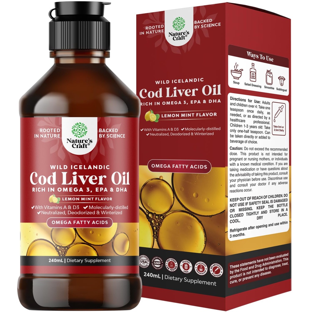 Icelandic Wild Caught Cod Liver Oil Liquid - Fish Oil Drops med Omega 3, EPA, DHA, Vitamin D & A - Liquid Cod Liver Supplement för Hjärta, Gemensamt, Brain & Immune Support - 240 ml (8 Ounce)