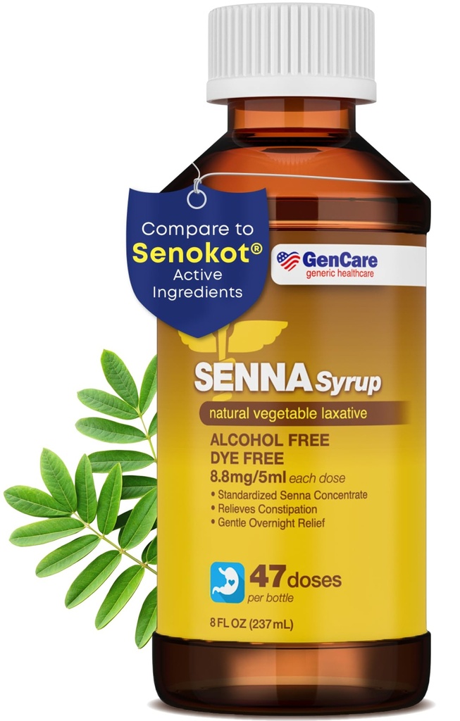GenCare - Senna Syrup Liquid Laxative (8 Fl Oz Bottle) All Natural Vegetable Sennosides Active Ingredient | Easy to Swallow Constipation Relief for Adults and Kids 12 and Older | Best Value Size