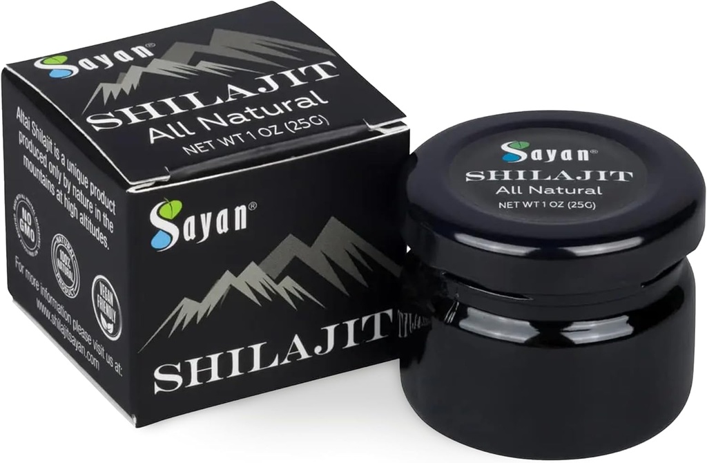 Sayan Pure Shilajit Resin 1oz/25g, Glass Jar, 250 portioner - Potent Organic Fulvic Acid Supplement - Stöder immunsystem, minne, fokus och ger naturlig energi, Detox - Vegan, icke-GMO