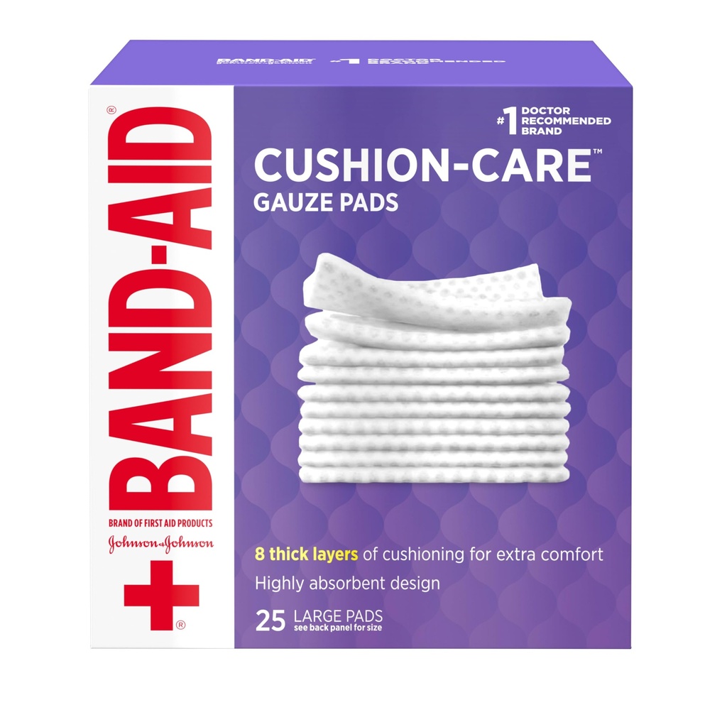 Band-Aid Brand Absorbent Cushion Care Sterile Square Gauze Pads för första hjälpen skydd av mindre skär, Skrapor & Burns, Non-Adhesive, Wound Care Dressing Pads, Large, 4 i x 4 i, 25 ct