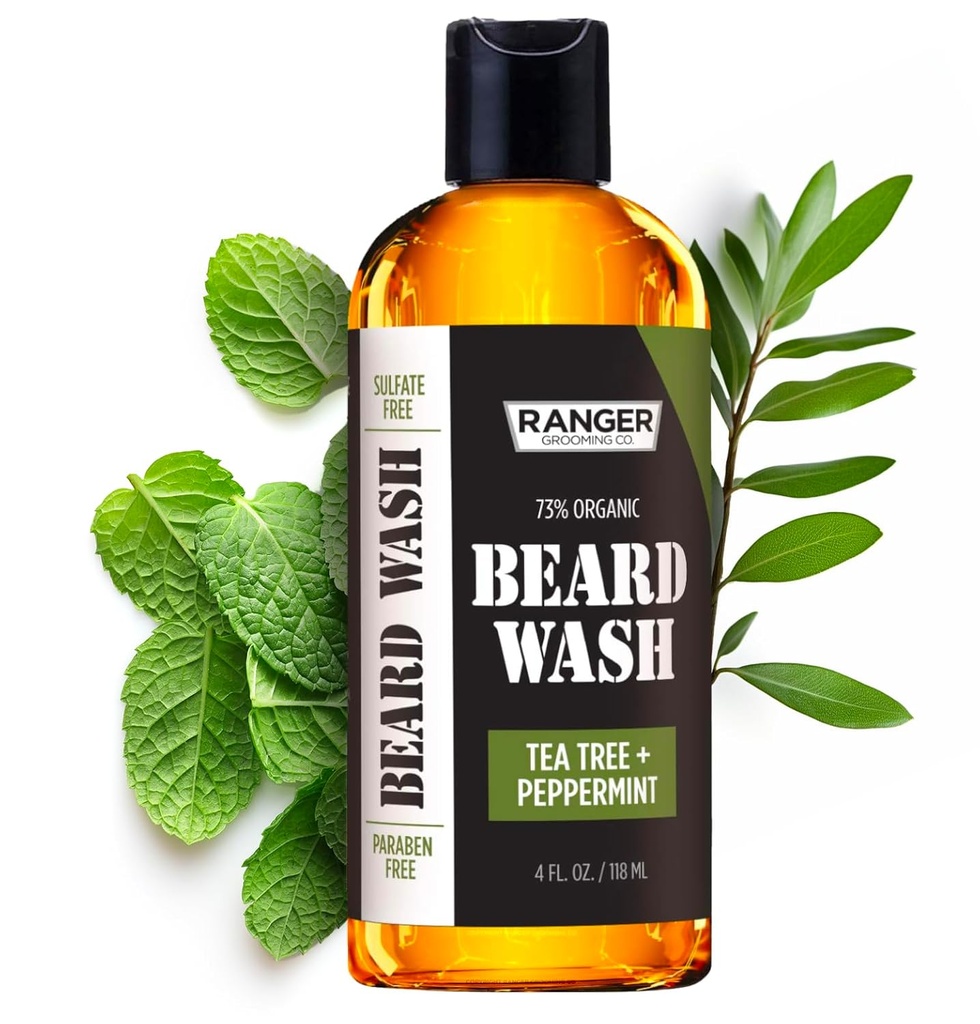 Leven Rose Beard Wash Shampoo av Ranger Grooming Co, Sulfate Free Natural Beard Cleanser & Conditioner för män, Tea Tree & Peppermint för tillväxt och förtjockning, Paraben Free 4 oz