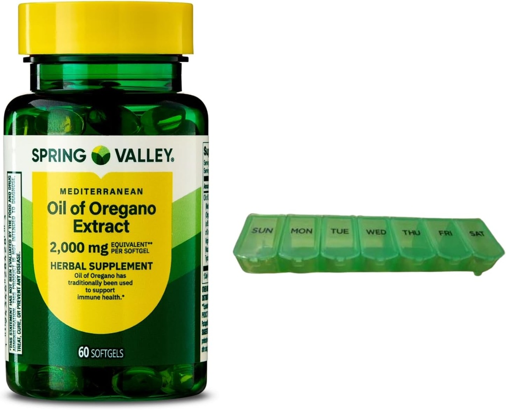 Spring Valley Medelhavsolja av Oregano 2000 mg 60 Softgels för immunhälsa med Pill Organizer