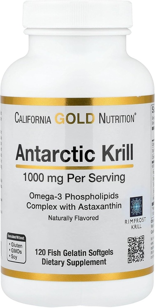 Kalifornien Gold Nutrition Antarktis Krill Oil, Omega-3 Phospholipids med naturligt upptar Astaxanthin, naturlig jordgubb & citron smak, icke GMO, 1000 mg, 120 Fish Gelatin Softgels