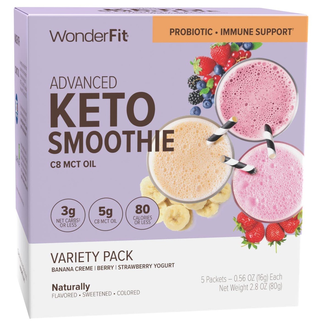 WonderFit by WonderSlim Keto Smoothie med C8 MCT Oil, Variety Pack, 1-3g Net Carbs, Gluten Free, Probiotic & Immune Support (5ct)