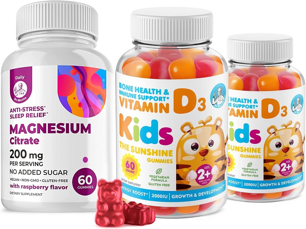Vitamin D Gummies for Kids&Adults 2000 IU and Magnesium Gummies - Healthy Vitamin D3 Supplements 1000IU - Vegetarian Gelatin-Free Immune Support with Sugar-Free Magnesium Calm Chews for Kids&Adults